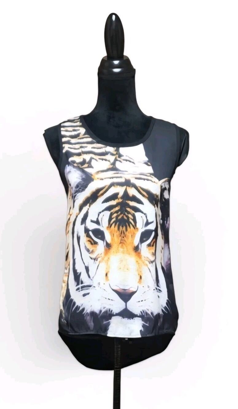 Tiger Print Women's Chiffon Black Sleeveless Top Sheer High Low Hem Size Large